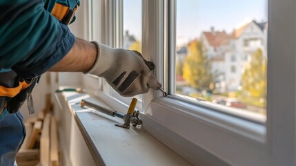A construction worker securing a window frame on a building site. Featuring focus and attention to detail