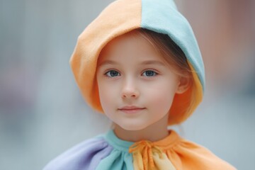 child in colorful costume stands against softly blurred background with ample copy space