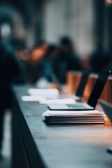 Fototapeta premium clean minimalistic image of traditional banking desk setup with blurred people in background evoking sense of bustling