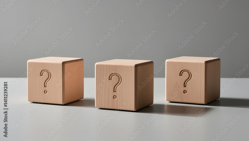 Poster three wooden cubes with question marks on a grey background representing inquiry and curiosity in mo