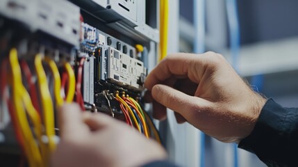 Electrician wiring up a new control panel in an industrial facility. Featuring precision and electrical knowledge