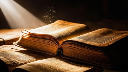 Ancient book glowing under a soft beam of light with curled pages creating a mystical and scholarly atmosphere