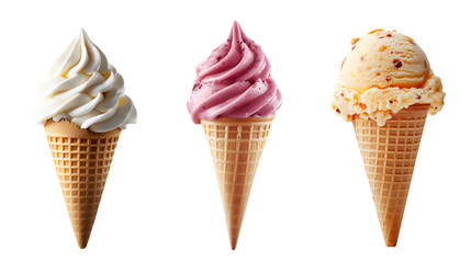Three unique ice cream cones with flavors, PNG, created with Generative AI