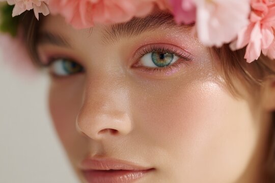 close-up photo of model adorned with vibrant spring makeup emphasizing fresh colors and playful textures