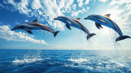 Obraz premium Three dolphins gracefully leaping out of the ocean into the sunlight