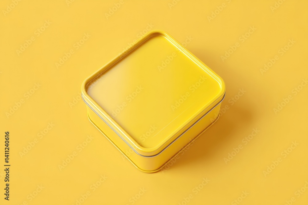 Aufkleber dynamic mockup of glossy square tin isolated on mustard yellow solid background with natural shadows