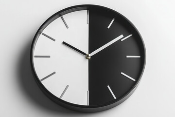 Black and white numbers on a clock face, close-up shot emphasizing time passing and ticking away.
