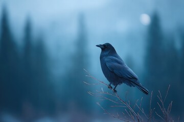 Fototapeta premium lone crow perched on barren branch under pale moonlight glow with darkened forest in background
