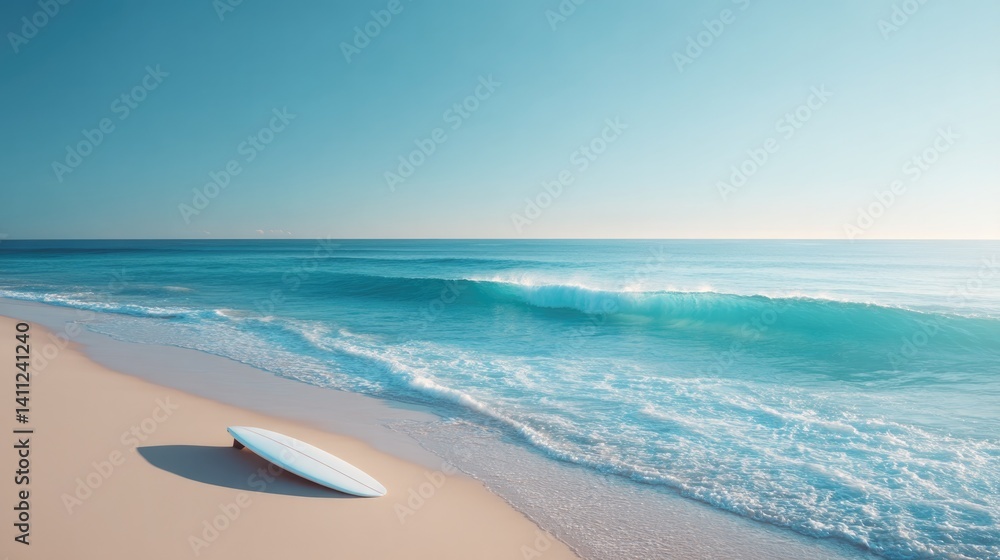 Poster lone surfboard resting on pristine sandy beach with gentle waves lapping shore minimalistic image