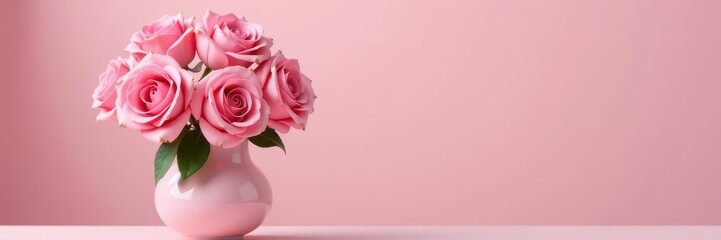 Fototapeta premium A cluster of pink roses arranged in a decorative pink vase Soft pink tones, subtle texture , decorative vase, elegant bouquet, delicate