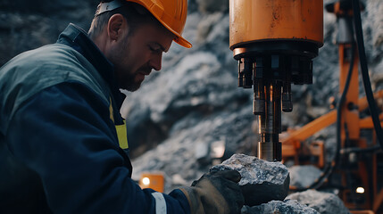 Drilling technician operating a core sample drill at a mining site. Featuring precision and exploration