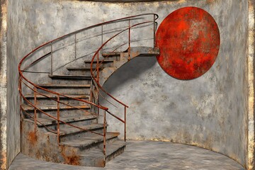 Rusty spiral staircase in an aged, textured interior.