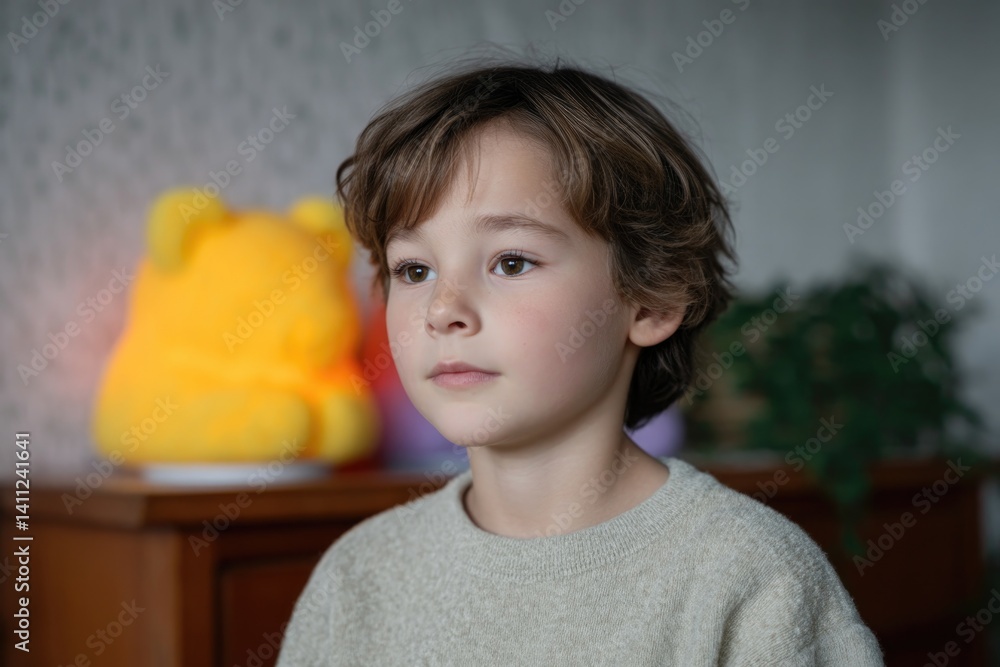 Poster scene of child surrounded by ai-enhanced learning toys that respond with sound and movement