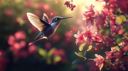 Naklejka premium A hummingbird hovers near blooming flowers in a serene garden setting