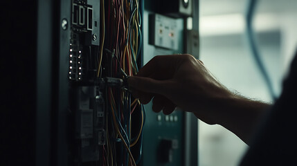 Electrician connecting wires inside an electrical panel. Featuring electrical installation and panel wiring