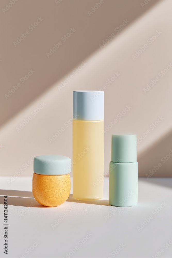 Poster minimalist arrangement of pastel-colored plastic objects on neutral background emphasizing clean lin