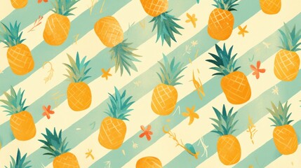 Colorful Pineapple Pattern with Striped Background and Floral Elements