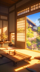 Serene Sunrise Japanese Room Illustration