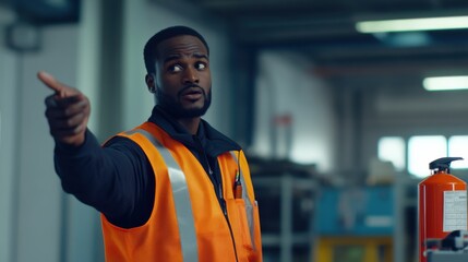 Factory safety instructor demonstrating emergency procedures. Featuring workplace training and readiness