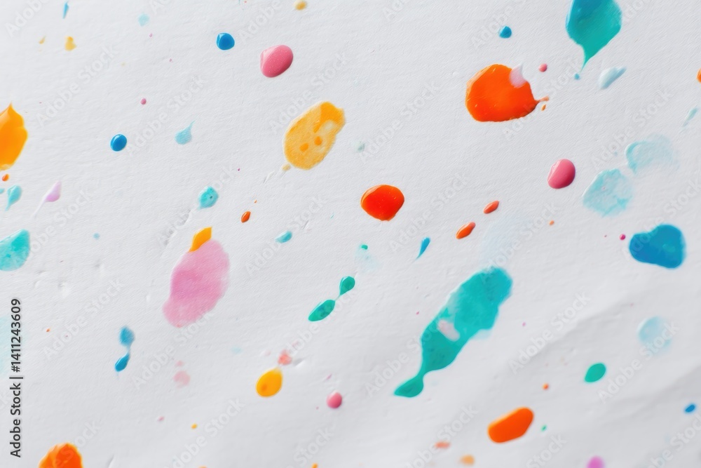 Poster minimalistic close-up of multi-colored abstract paint splatters against white background creates art