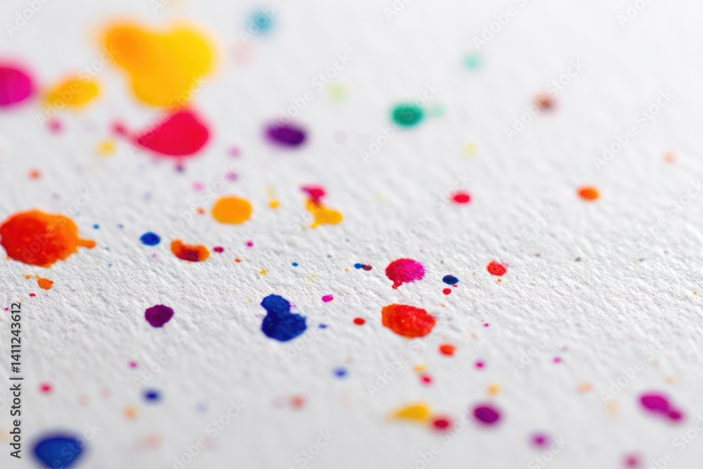 Poster minimalistic close-up of multi-colored abstract paint splatters against white background creates art