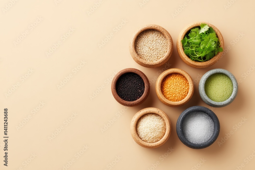 Poster minimalistic display of assorted side dishes elegantly plated inviting simplicity with ample copy sp