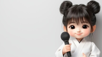 Cute girl cartoon, microphone, announcement.