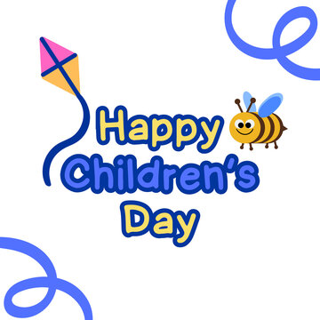 Frase Feliz D&iacute;a del Ni&ntilde;o con letras infantiles e ilustracion vectorial de elementos gr&aacute;ficos cometa y abeja para tarjeta de felicitaci&oacute;n sobre fondo transparente - 1