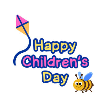 Frase Feliz D&iacute;a del Ni&ntilde;o con letras infantiles e ilustracion vectorial de elementos gr&aacute;ficos cometa, abeja para tarjeta de felicitaci&oacute;n sobre fondo transparente - 1