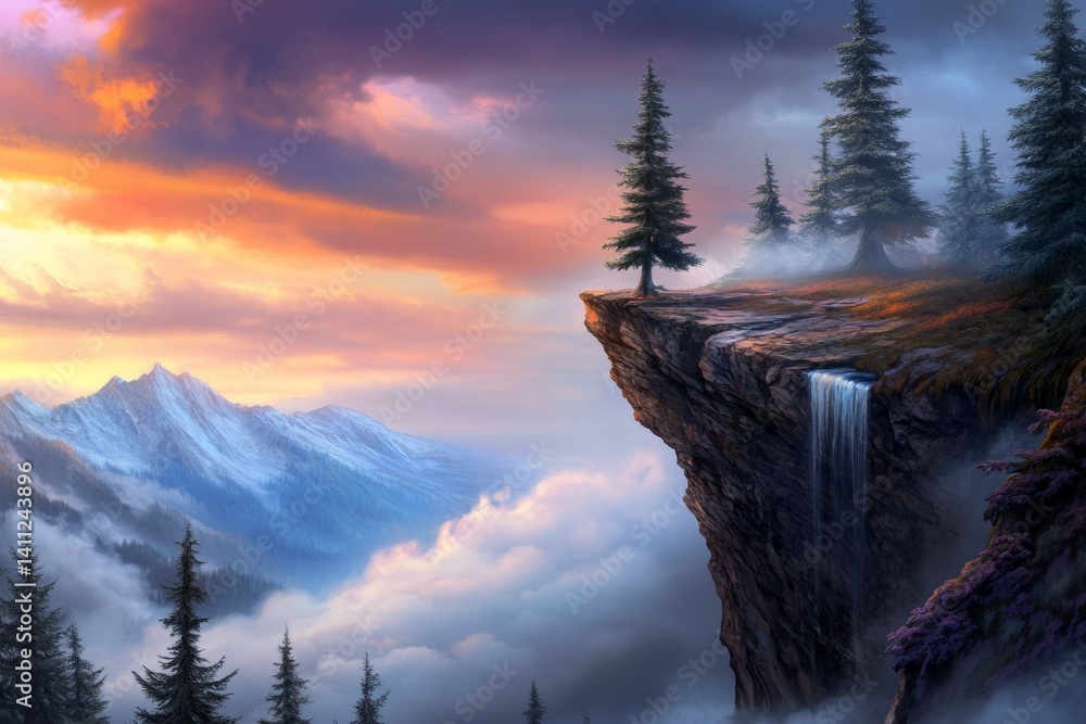 Poster a mountain range with a waterfall and a lone tree on a cliff