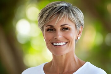 Fototapeta premium Woman with short blonde hair and a white shirt is smiling