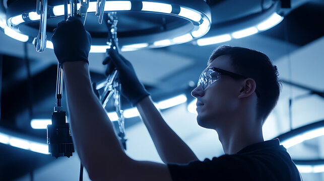 Electrician installing LED lighting fixtures in a modern office. Featuring electrical installation and lighting design
