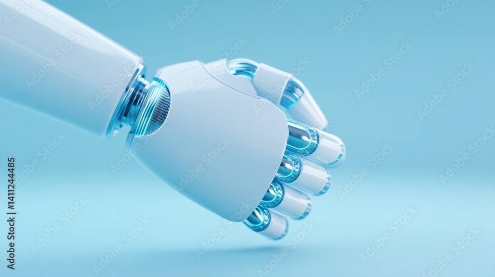 Poster minimalistic image showing robotic hand shaking hands with human hand against plain background