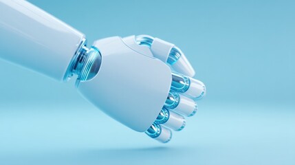 minimalistic image showing robotic hand shaking hands with human hand against plain background