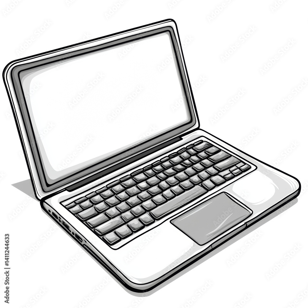 Poster sketch-style laptop illustration with blank screen for custom content