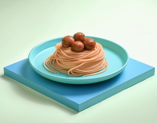 Generation Alpha food menu: a charming isometric of colorful Spaghetti & Meatless Meatballs food icons on a white background.