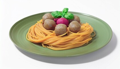 Generation Alpha food menu: a charming isometric of colorful Spaghetti & Meatless Meatballs food icons on a white background.