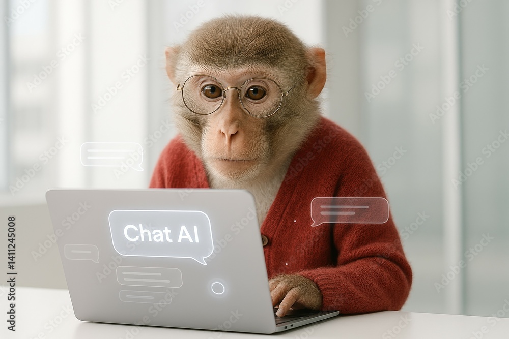 Aufkleber monkey using laptop with glasses in office setting for ai communication