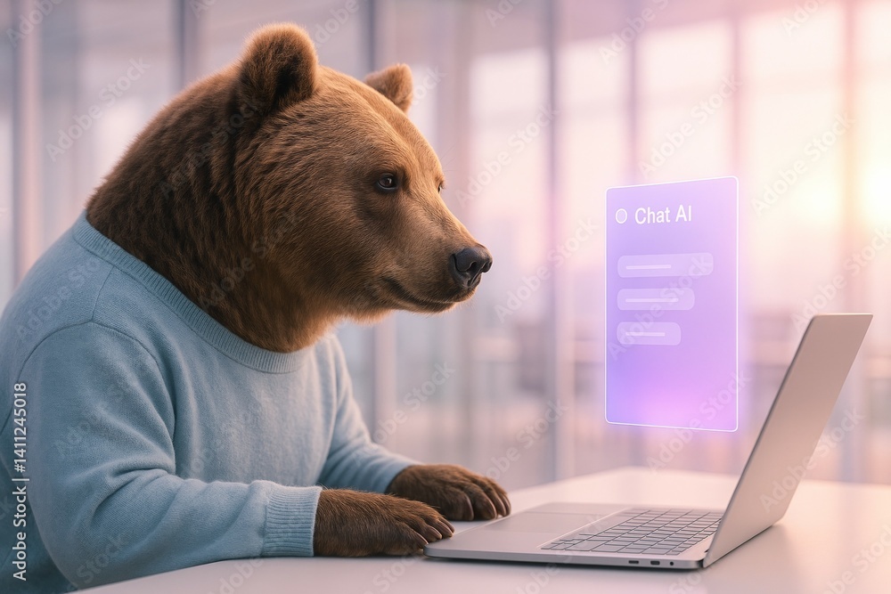 Poster bear in sweater using laptop with ai chat interface in office setting