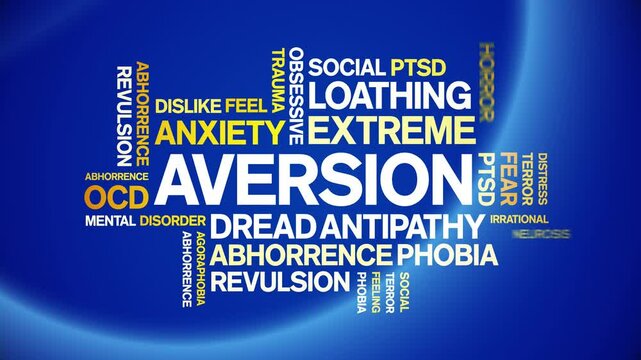 Aversion animated word cloud;text design animation tag kinetic typography seamless loop.