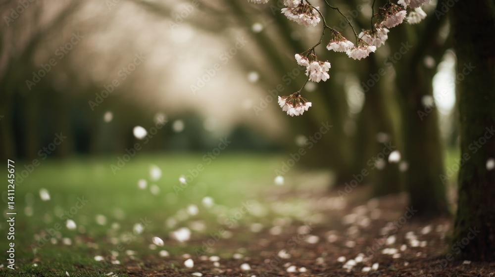 Poster path through grove of budding cherry trees with petals falling gently to ground