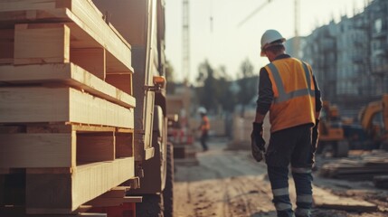 Fototapeta premium A construction worker unloading materials from a truck. Featuring efficiency and teamwork