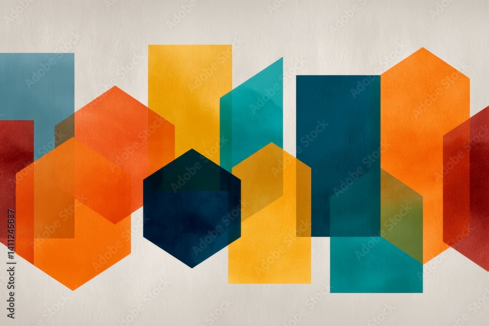 Poster geometric abstract art with colorful overlapping hexagons in warm and cool tones