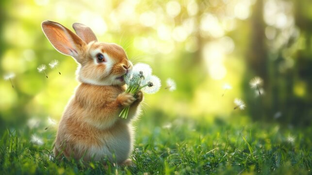 A cute rabbit eating dandelion flowers in a sunny meadow
