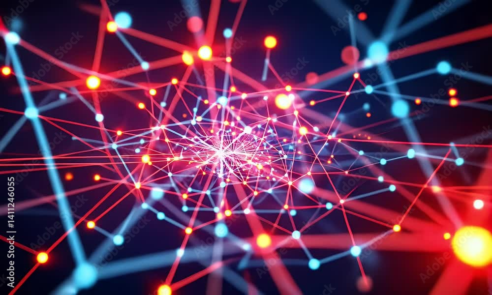 Aufkleber abstract illustration of a network with interconnected lines, lights, and bokeh effects in red and b