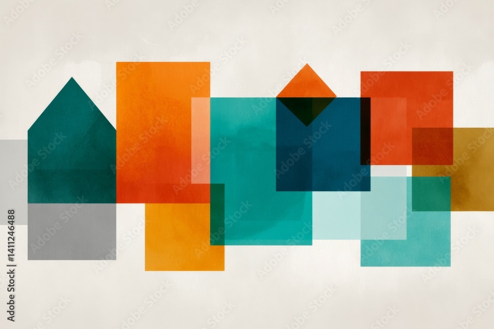 Poster colorful geometric abstract art with overlapping rectangles and triangles
