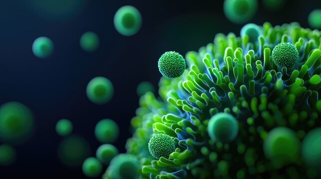biology microorganisms adaptation concept. Microscopic view of vibrant green cells and particles in a dark background.
