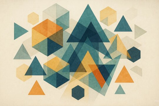 Geometric abstract art with colorful overlapping triangles and hexagons