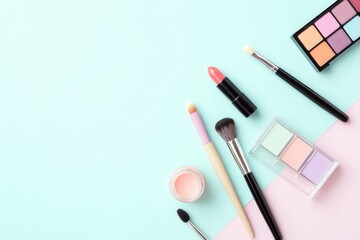 serene and minimalistic image of daily makeup essentials scattered on light pastel surface lipsticks brushes eye shadow