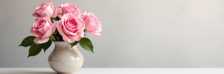 Fototapeta premium Delicate pink roses in a matching vase, soft pastel tones , elegance, floral arrangement